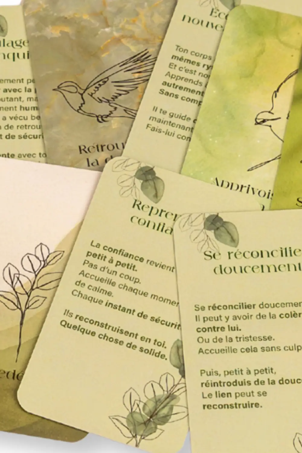 Cartes vertes étalées, illustrées d'oiseaux et de feuillages - collection Rémission en vente sur Toujours L, site pour femme après un cancer