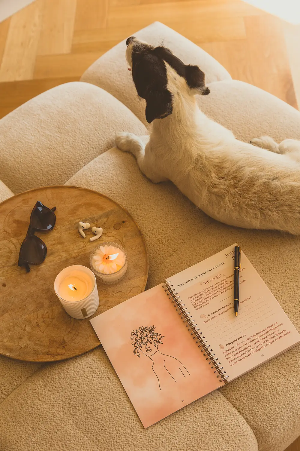 Chien allongé sur un canapé près d'un carnet aux pages roses ouvert, avec bougies allumées et lunettes de soleil - collection Traitement en vente sur Toujours L, site pour femme atteinte de cancer